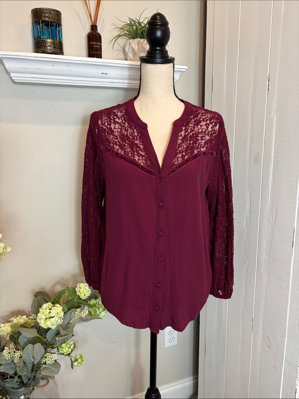 Democracy Women’s Burgundy Button Down V-Neck Blouse with Lace Detail